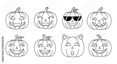 Eight black and white outline Halloween pumpkins, with diverse carved faces, one wearing sunglasses, and a whimsical cat-shaped design.
