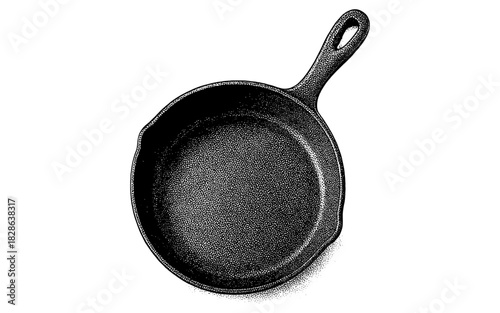 Detailed dot-style cast iron skillet with handle isolated on white background