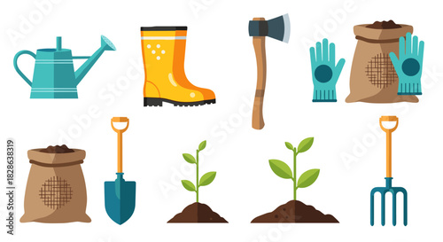 Essential gardening tools and equipment, including a watering can, boots, axe, gloves, shovel, soil bags, and young plants, for spring planting.