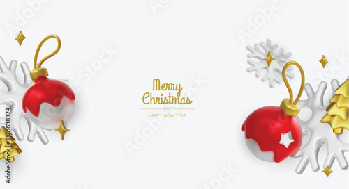 Happy New Year and Merry Christmas. Christmas holiday background with realistic 3d objects, bauble balls, conical metal stars. Levitation falling design composition.