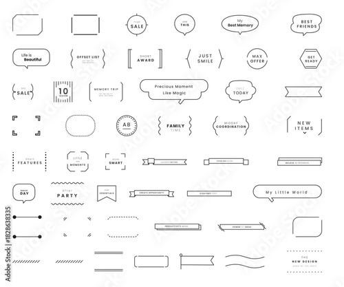Simple decorative frame and speech-bubble set featuring clean line borders, minimal labels, headings, and design elements for notes, messages, and graphic accents