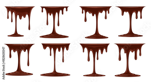 A collection of realistic dark chocolate drips forming abstract shapes and pools on a white background, perfect for confectionery designs.