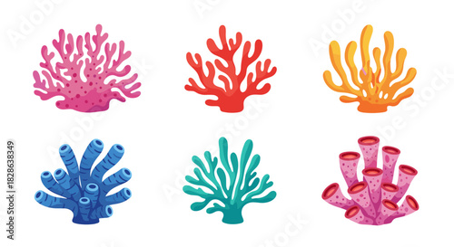 A vibrant collection of diverse and colorful coral reef formations, rendered in a playful cartoon illustration style on a clean white background.