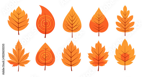 A vibrant collection of stylized autumn leaves in various shapes and orange-yellow hues, perfect for fall season designs and decorations.