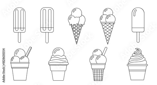 A delightful collection of outlined ice cream and popsicle illustrations, showcasing a variety of frozen desserts in cones, cups, and on sticks.
