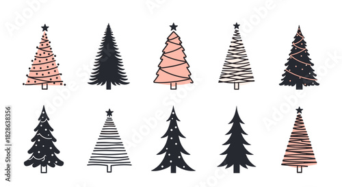 A collection of 10 modern, minimalist Christmas tree illustrations in black and pink, featuring various festive decorations for holiday season designs.