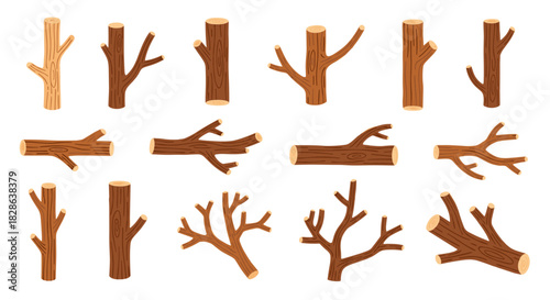 A diverse collection of stylized wooden logs, tree stumps, and bare branches, perfect for illustrating natural elements or woodworking concepts.