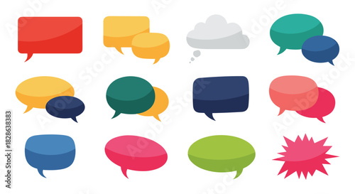 A collection of colorful chat, speech, and thought bubbles in various shapes and sizes, perfect for communication and discussion concepts.