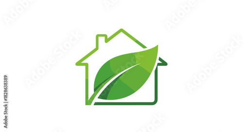 A stylized green outline of a house embracing a vibrant leaf, symbolizing eco-friendly living, sustainable homes, and a commitment to environmental protection.