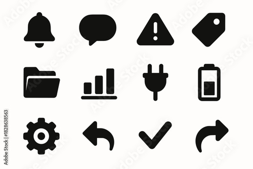 Icon battery bell plug gear grid icons reply minimal chart sign vector