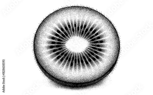 Detailed stippling kiwi slice in monochrome with intricate dot patterns