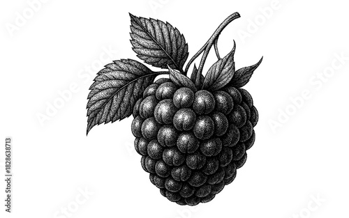 Intricate black and white raspberry art with leaves in detailed stipple design