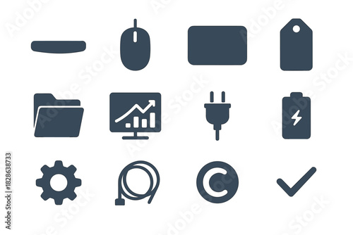 Cable gear keyboard chart plug coil folder tag vector icon minimalist pad