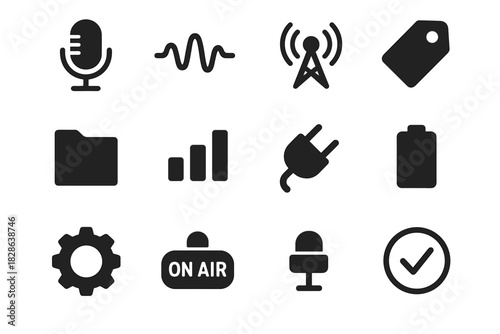 Icon vector folder lamp radio broadcast gear microphone frequency wave tag checkmark