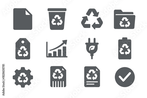 Vector plug bin recycle recycling icon paper folded set arrows checkmark gear