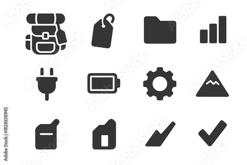 Mountain travel folder pockets side gear plug vector icons pack sleeping icon