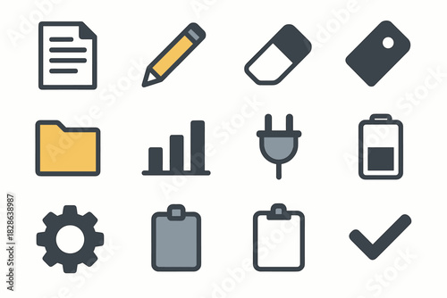 Gear pencil page eraser clipboard minimal vector folder chart grid icon checkmark