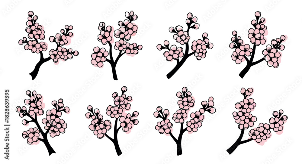 Naklejka premium Pink cherry blossom branches with transparent background