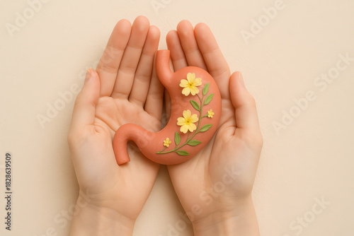 Human hands holding model of stomach with yellow flowers and green leaves, symbolizing healthy digestive system and wellness care