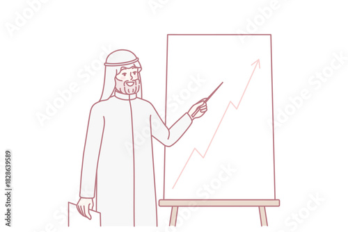 Arabic man make presentation of flipchart. Arab businessman present project on whiteboard. International company business. Vector illustration.