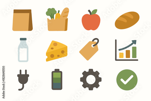 Chart icon plug grocery bag tag simplicity loaf slice battery vector gear