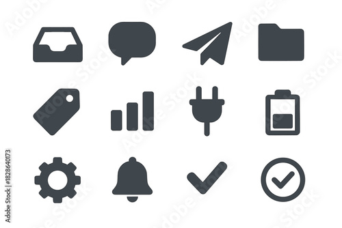 Tag paper plane gear chart chat checkmark minimalist grid battery icon vector