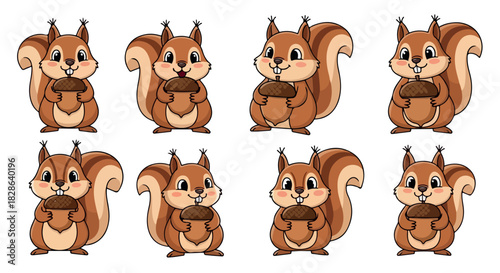 Cute squirrel characters holding nuts with transparent background