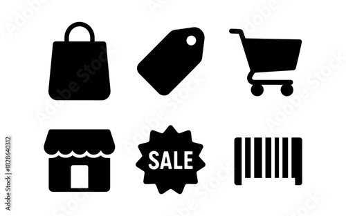 Minimalist shopping icons set featuring bag, tag, cart, store, sale sign, and barcode
