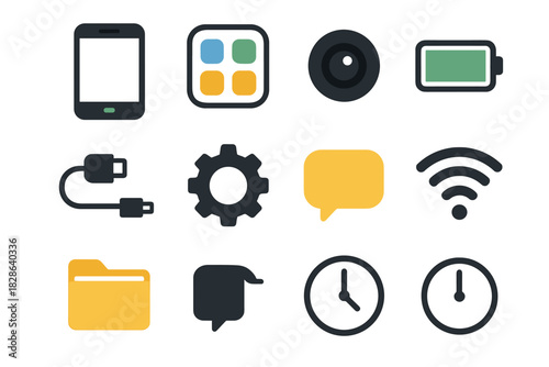 Touchscreen icons icon charging speaker home smartphone camera gear vector clock modern