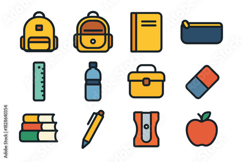 Bottle water school vector case ruler book supplies box notebook icon icons
