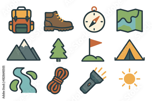 Hiking icon map boot mountain icons flag vector tent compass sun flashlight