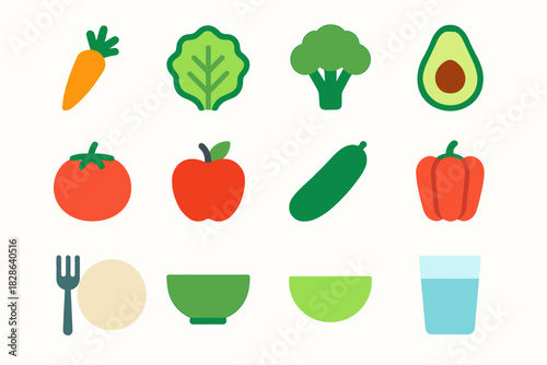 Icon cucumber plate glass fork avocado pepper apple food vegan icons vector