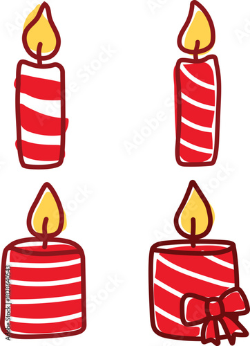 Four cartoon red and white striped candles with yellow flames, two tall and two short, one with a bow, on a white background.