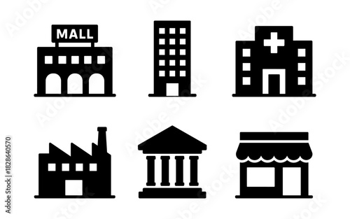Black silhouette icons of public buildings: mall, hospital, factory, shop