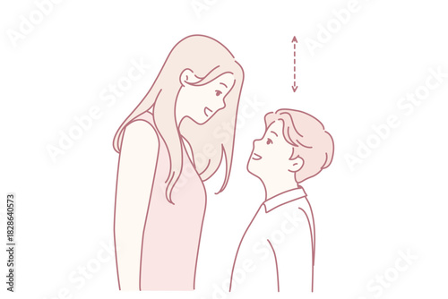 adult and child engaging in cheerful height comparison scene, whimsical drawing showcasing grownup and child playfully assessing height differences with loving interaction