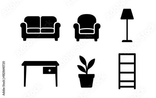 Silhouette icons of home furniture and decor for modern interior designs