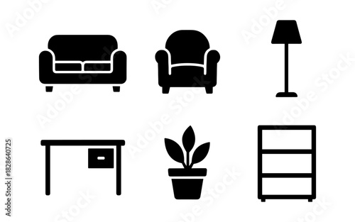 Modern silhouette furniture icons: sofa, armchair, lamp, desk, plant, bookshelf