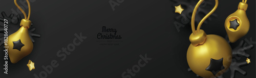 Modern 3D Christmas illustration with glossy ornaments and snowflakes, great for greeting cards, posters, newsletters, and online campaigns.