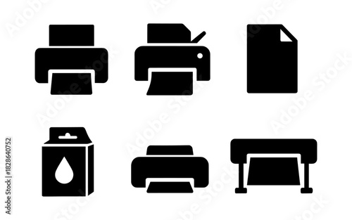 Printer and paper silhouettes with ink cartridge and plotter icons