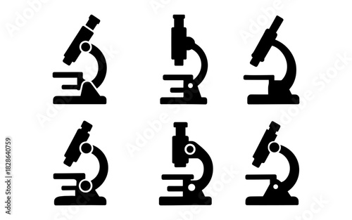 Microscope silhouette icons: scientific instrument design set for research and education