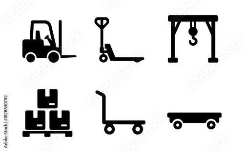 Warehouse equipment silhouettes: forklift, pallet jack, and crane hook icons for logistics