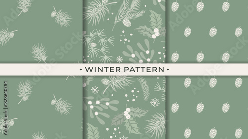 Set of elegant winter seamless patterns with pine branches, holly leaves, berries and cones on sage green background. Minimal Nordic style vector collection for Christmas wrapping paper, fabric.