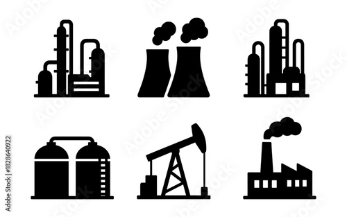 Industrial silhouette icons of refineries, factories, and oil pumps on white background