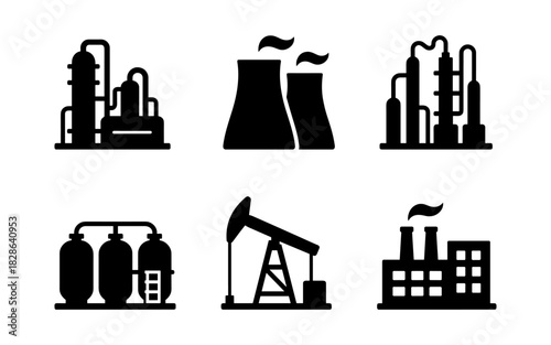 Industrial icons set: factories, refineries, and oil extraction silhouette designs