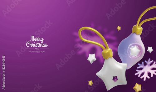 Happy New Year and Merry Christmas. Christmas holiday background with realistic 3d objects, bauble balls, conical metal stars. Levitation falling design composition.