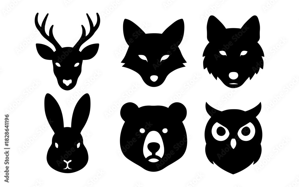 Fototapeta premium Animal silhouettes of deer, fox, wolf, rabbit, bear, and owl