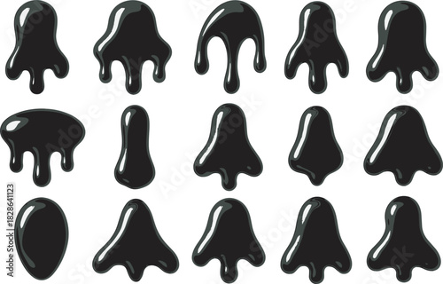 Collection of fifteen black liquid blobs with glossy highlights on white drip drop