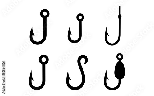 Set of fishing hook icons in minimalist silhouette style for nautical design