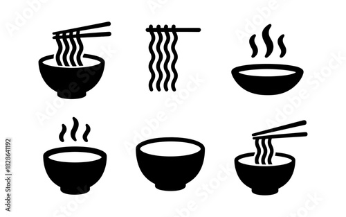 Minimalist noodles and soup icons collection in black silhouette style