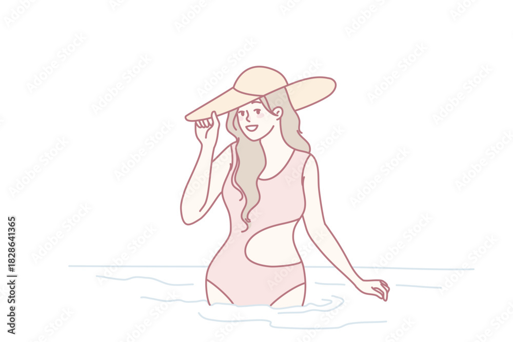 Fototapeta premium Smiling young woman in swimsuit and summer hat posing in sea on vacation. Beautiful fit girl in bikini enjoy holidays at resort. Travel concept. Vector illustration.